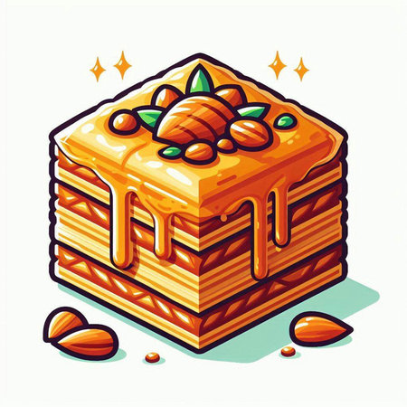 Illustration of a piece of honey cake with nuts on a white backgroundのイラスト素材