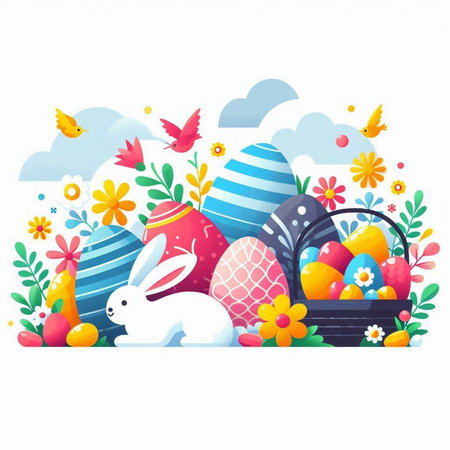 Easter background with eggs, flowers and bunny. Vector illustration.のイラスト素材
