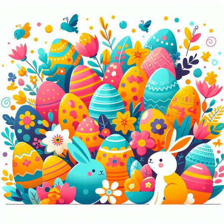 Easter background with colorful eggs, rabbit and flowers. Vector illustration.のイラスト素材