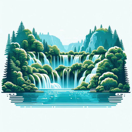 Waterfall in the forest. Waterfall in the mountains. Vector illustration.のイラスト素材