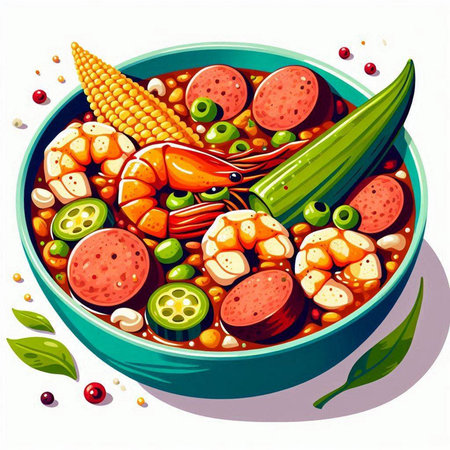Seafood soup with shrimps, cucumber, corn, beans, peas, parsley. Vector illustrationのイラスト素材