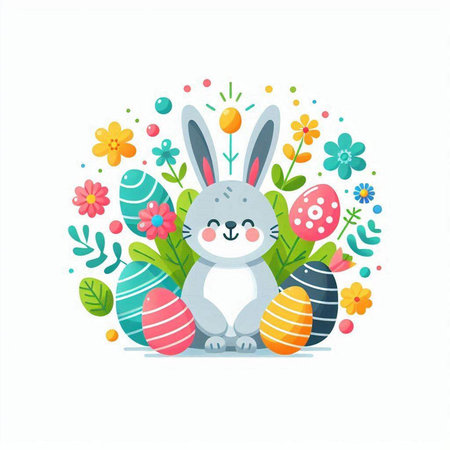 Cute Easter bunny with flowers, eggs and leaves. Vector illustration.のイラスト素材