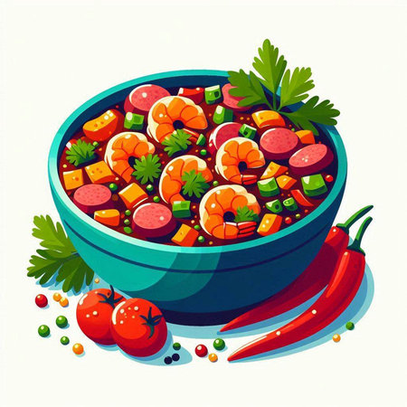 Vector illustration of a bowl of shrimps with vegetables and spices.のイラスト素材