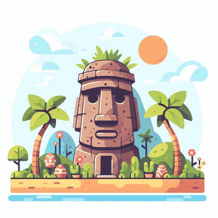 Totem Pole on the island. Vector illustration in cartoon styleのイラスト素材