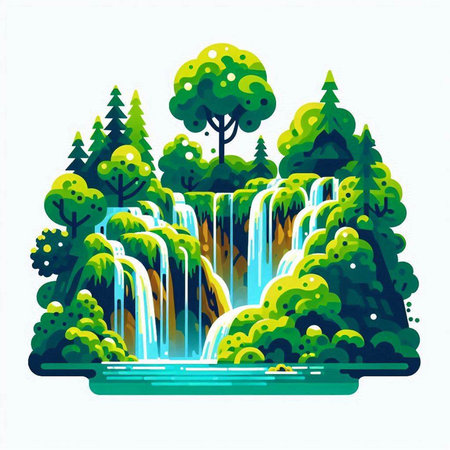 Waterfall in the forest. Vector illustration on a white background.のイラスト素材