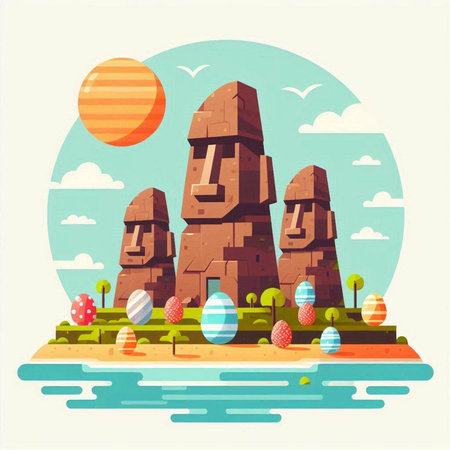Landscape with stone castle and eggs. Vector illustration in flat styleのイラスト素材