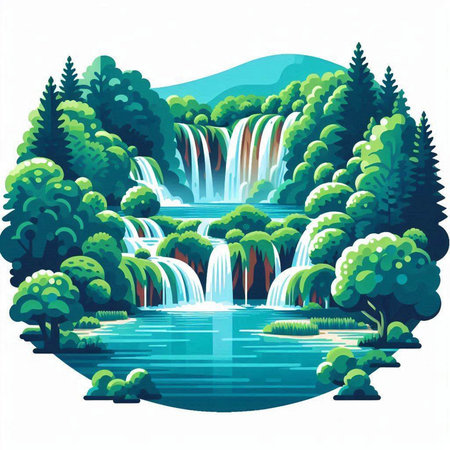 Waterfall in the forest. Vector illustration of a summer landscape.のイラスト素材