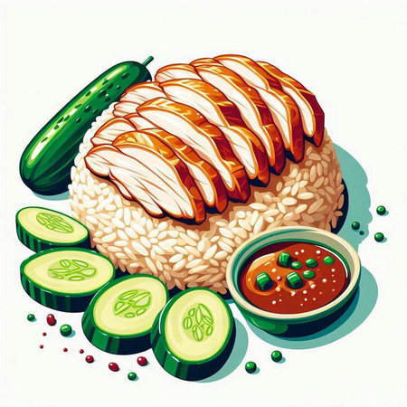 Illustration of chicken with rice and cucumber on a white backgroundのイラスト素材