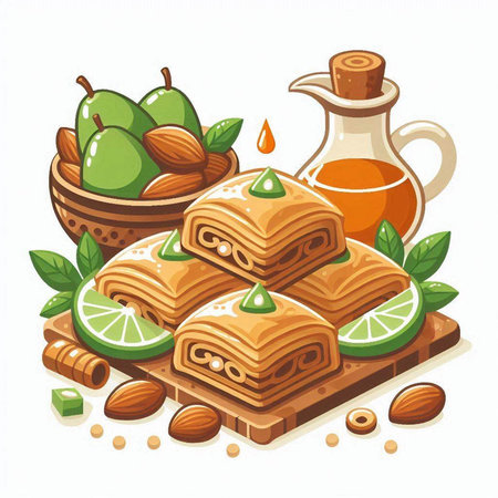 Baklava with honey, mint and lime. Vector illustration.のイラスト素材