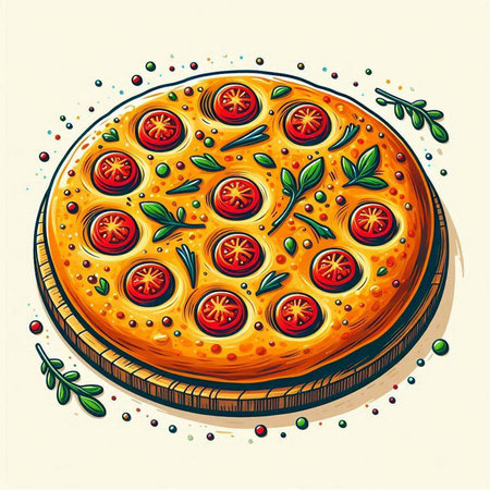 Pizza with tomatoes, olives and basil. Vector illustration.のイラスト素材