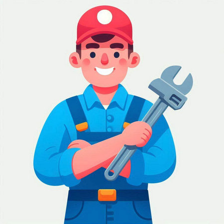 Plumber in uniform holding a wrench. Vector illustration in cartoon style.のイラスト素材