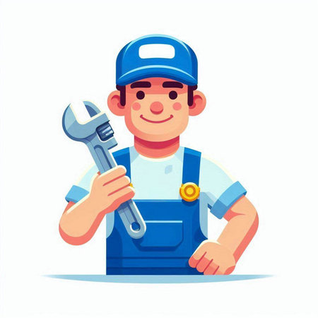 Plumber in uniform with wrench. Vector illustration in cartoon style.のイラスト素材