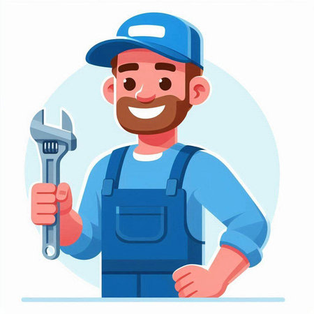 Plumber in uniform holding a wrench. Vector illustration in cartoon styleのイラスト素材