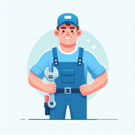 Plumber in overalls with a wrench. Vector illustration in cartoon styleのイラスト素材