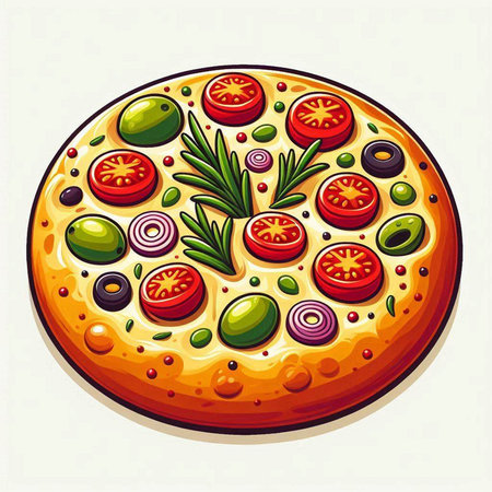 Pizza with olives, tomatoes and rosemary. Vector illustration.のイラスト素材