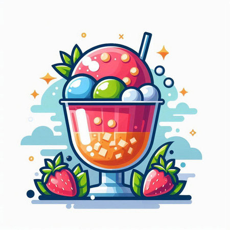 Vector illustration of ice cream in a glass with fruits and berries.のイラスト素材