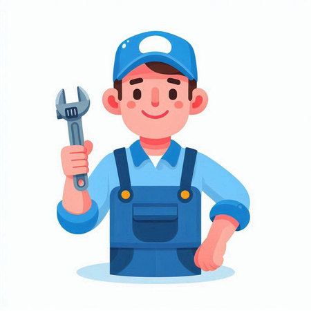 Plumber in overalls with wrench. Vector illustration in cartoon styleのイラスト素材