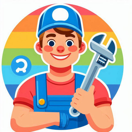Plumber in overalls and cap with wrench. Vector illustration.のイラスト素材