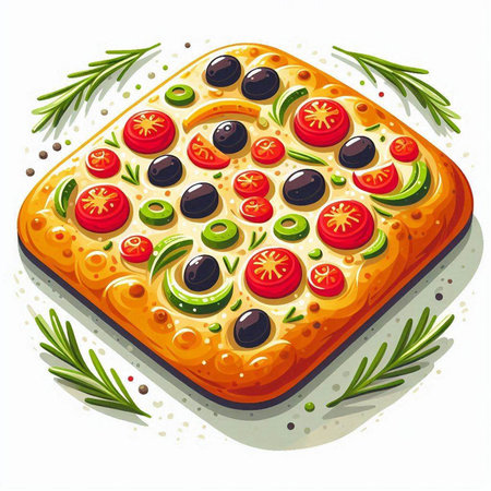 Illustration of pizza with olives and tomatoes on a white backgroundのイラスト素材