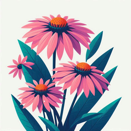 Echinacea flowers with leaves on white background. Vector illustration.のイラスト素材