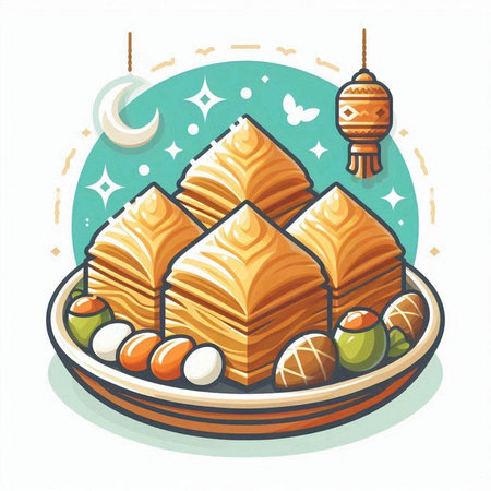 Illustration of Ramadan Kareem Greeting Card with Traditional Foodのイラスト素材