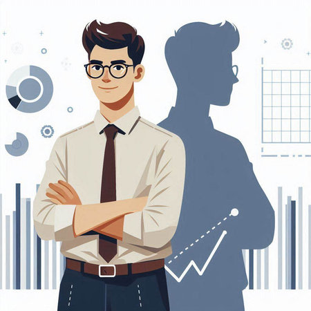 Vector illustration of a young man in glasses standing with his arms folded.のイラスト素材