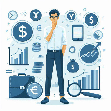 Thoughtful businessman with hand on chin looking at business icons. Vector illustrationのイラスト素材