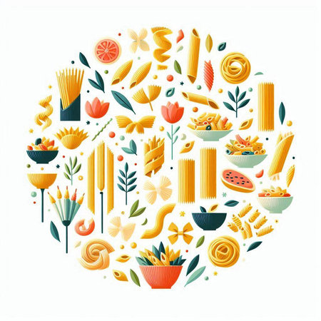 Italian food round composition with pasta and flowers on white background vector illustrationのイラスト素材