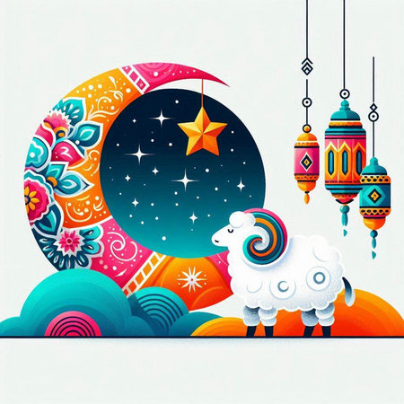 Ramadan Kareem greeting card with sheep, moon and lanternsのイラスト素材