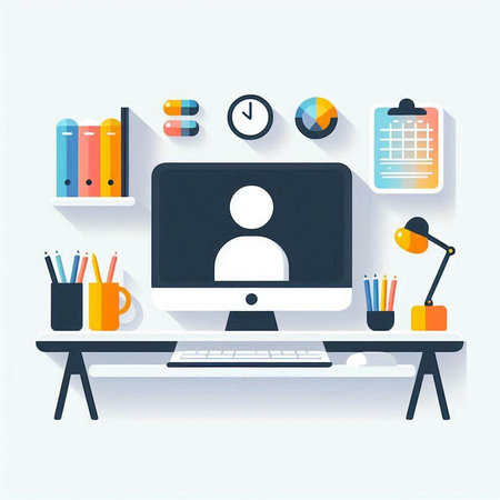 Flat design modern vector illustration. Workplace with computer and office objects.のイラスト素材