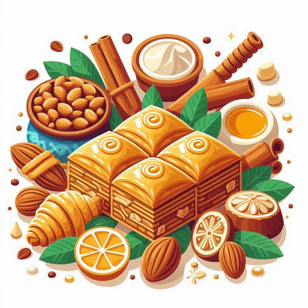 Vector illustration of baklava with honey, cinnamon, nuts and honeycomb.のイラスト素材