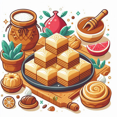 Traditional oriental sweets baklava with honey and nuts. Vector illustrationのイラスト素材