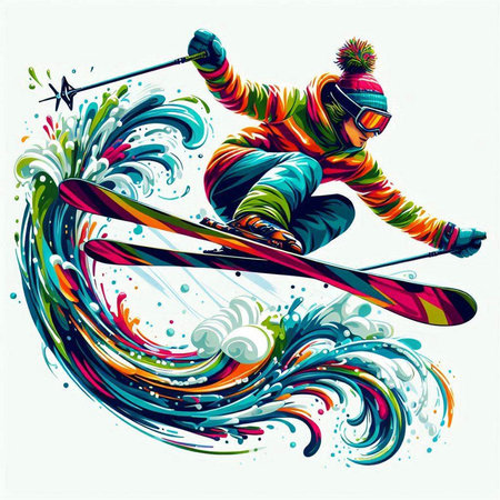 Snowboarder jumping against the background of colorful splashes. Vector illustration.のイラスト素材