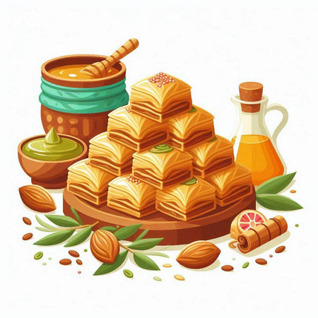 Baklava with honey and nuts on white background. Vector illustration.のイラスト素材
