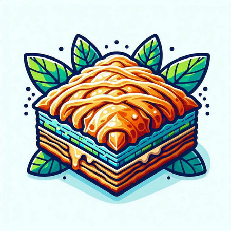 Illustration of a slice of apple pie with cream and green leaves.のイラスト素材