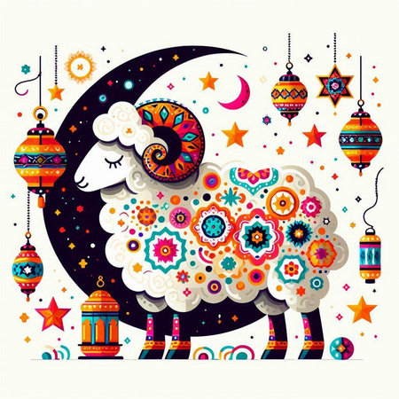 Ram night vector illustration. Ramadan Kareem greeting card. Eid Mubarak.のイラスト素材