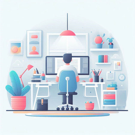 Modern office interior. Workplace with computer, bookshelf, table and chair. Vector illustrationのイラスト素材