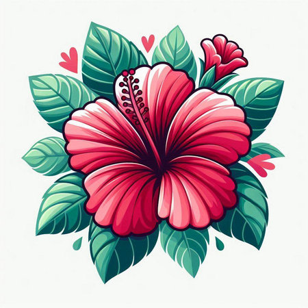 Hibiscus flowers with leaves and hearts. Vector illustration.のイラスト素材