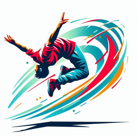 Illustration of a skateboarder jumping with colorful abstract background.のイラスト素材
