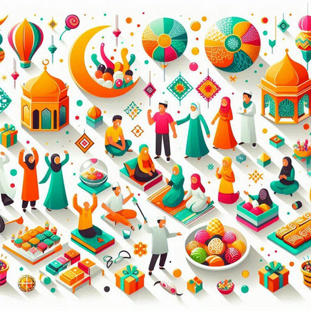 Vector islamic seamless pattern with muslim people and gifts.のイラスト素材