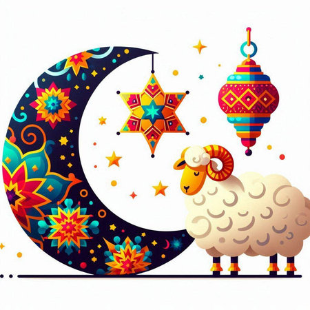 Ram and star on the moon. Eid Mubarak. Vector illustration.のイラスト素材