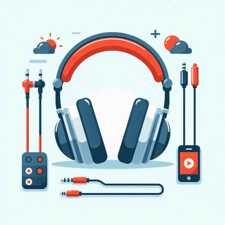Headphones with different types of audio equipment. Vector illustration in flat styleのイラスト素材