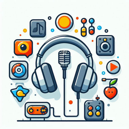 Vector illustration of headphones with media icons. Flat line art design.のイラスト素材