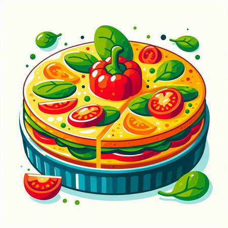 Vegetarian pizza with tomato, pepper and spinach. Vector illustration.のイラスト素材