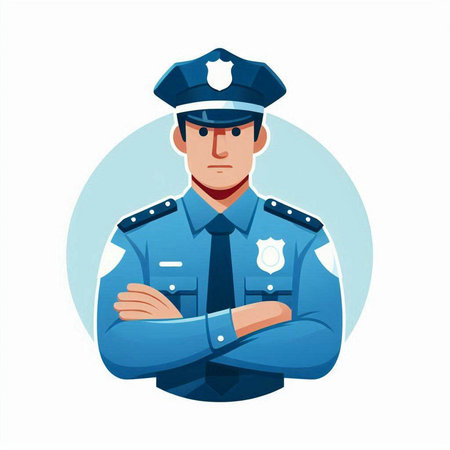 Policeman with crossed arms. Vector illustration in a flat style.のイラスト素材