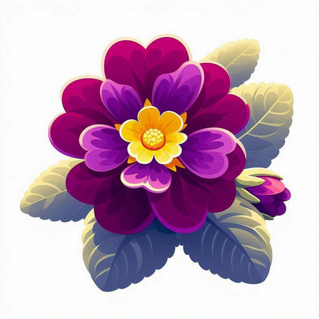 Illustration of a purple dahlia with leaves on a white backgroundのイラスト素材