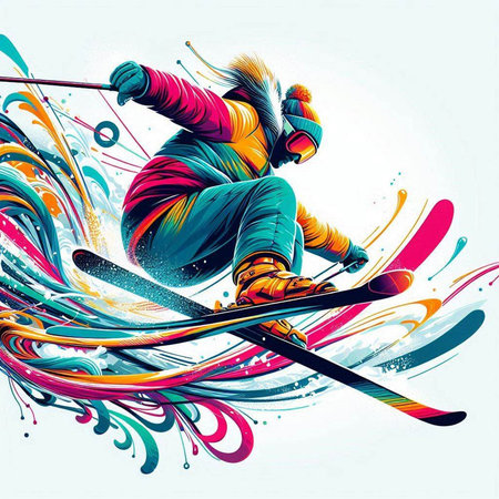 Vector illustration of a snowboarder jumping on a colorful background.のイラスト素材