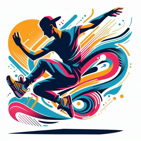 Vector illustration of a skateboarder jumping on a colorful background.のイラスト素材