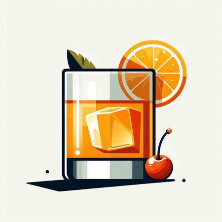 Cocktail with ice cubes, orange and cherry. Vector illustration.のイラスト素材