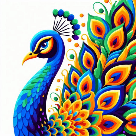 Peacock with colorful feathers on white background. Vector illustration.のイラスト素材